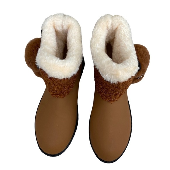 NEW Ankle Boots Brown Pom-Pom Bow Accent Faux Shearling Lined Plush Sz 36 - Picture 4 of 7